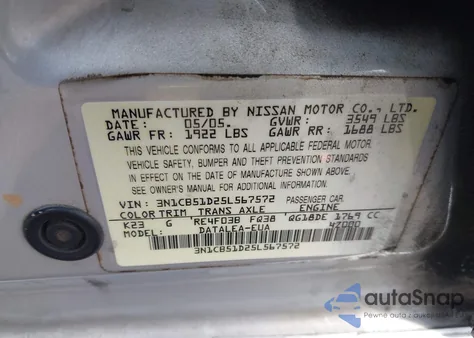 2005 Nissan Sentra 1.8S из США, поврежденный, VIN 3N1CB51D25L567572